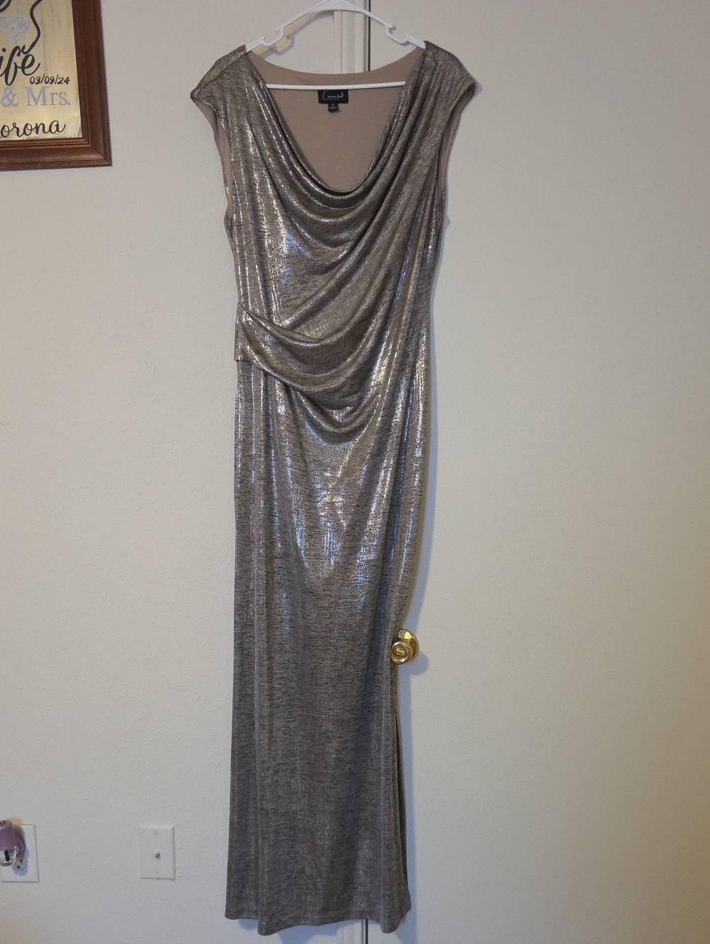 connected apparel Shimmery Silver Draped Cowl Maxi Dress